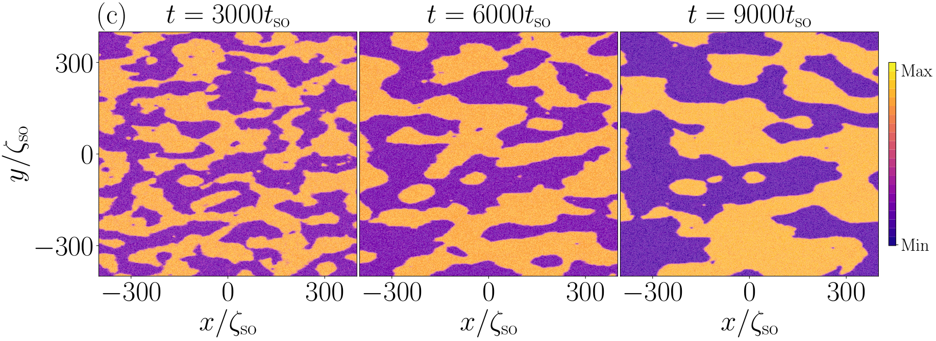 Longitudinal-magnetisation domains at three progressively later times after a zero-momentum-to-plane-wave quench