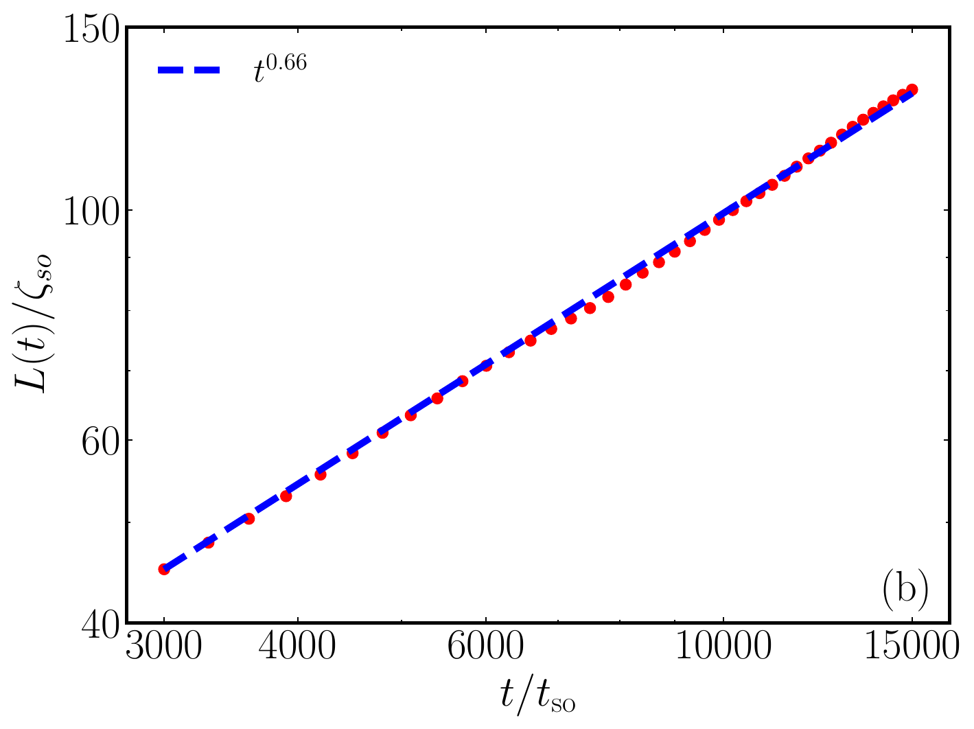 Characteristic coarsening length versus time with a power-law fit proportional to time to the power 0.66